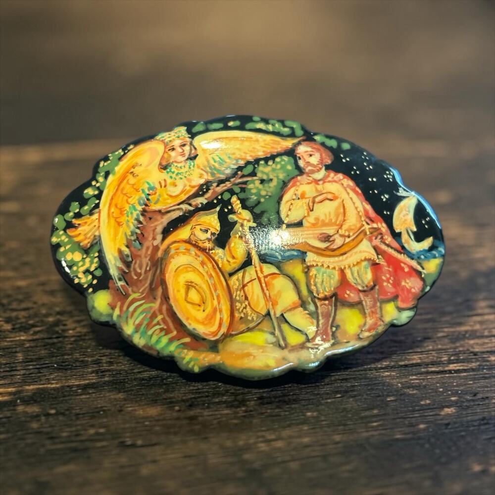Vintage Hand Painted Warrior Angel Brooch Medieval Folk Art Miniature Pin
